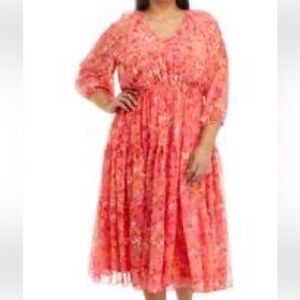 Julian Taylor Coral Floral‎ Midi Dress